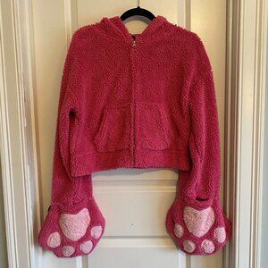 Hot Topic Sweet Society Fuzzy Pink Monster Paw Cropped Hoodie
